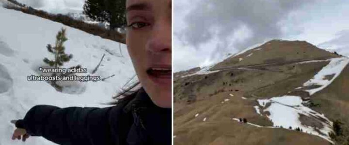 Screen grabs from a video show Katie Slee during a challenging hike in the Italian Dolomites. The clip has gone viral on TikTok., tags: den italienischen - @katie_slee on TikTok